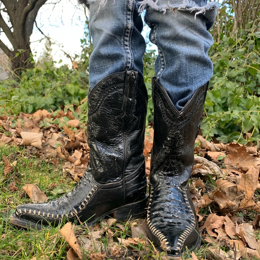 Kids Black Cowboy Boots Croc Print Tall Size 11